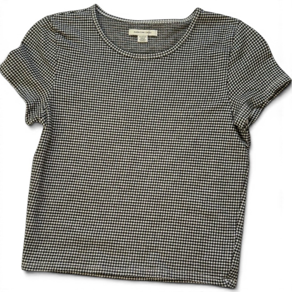 American Eagle Gingham Check Short Sleeve Ribbed Knit Top Womens XS Black White‎